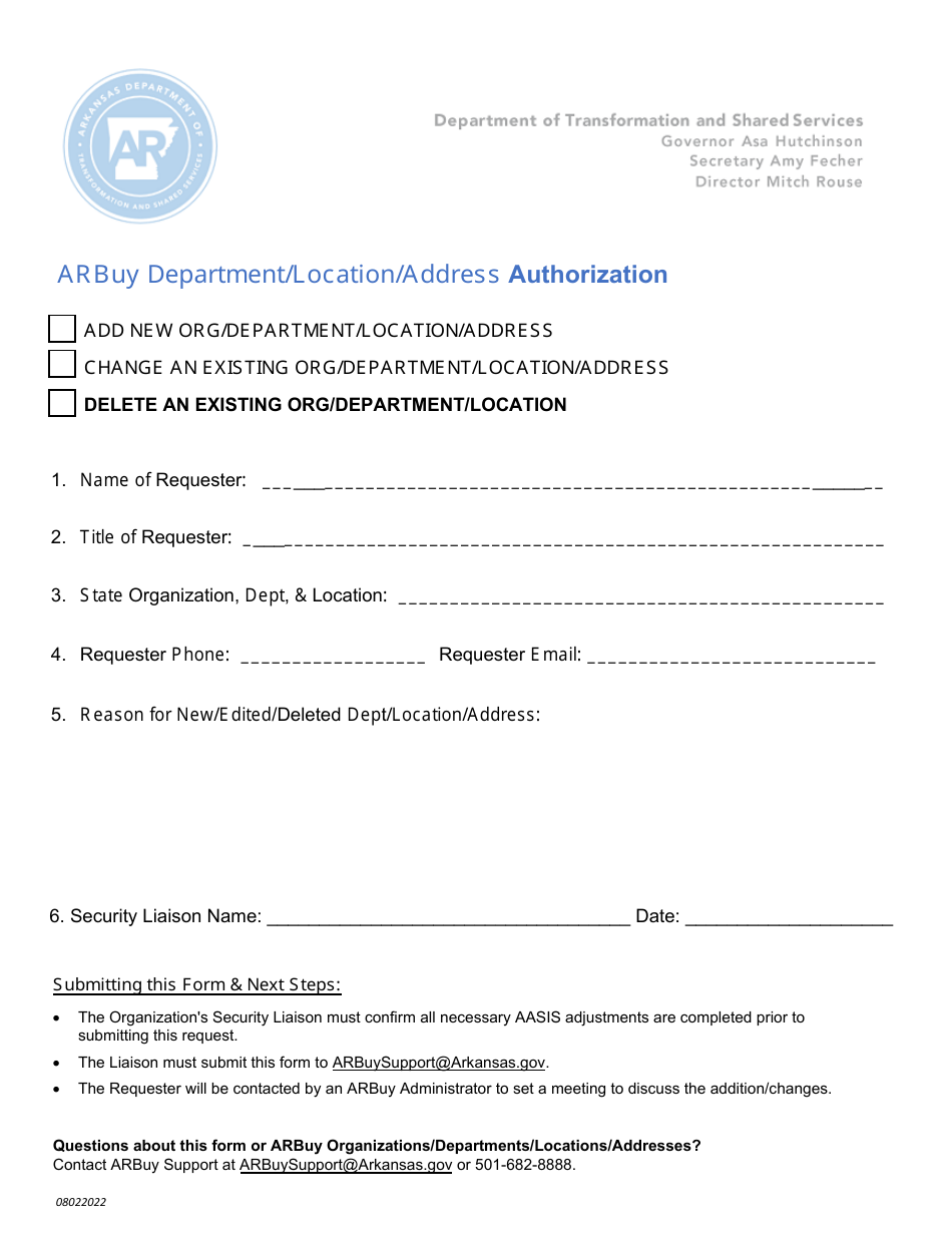 Arbuy Department / Location / Address Authorization - Arkansas, Page 1
