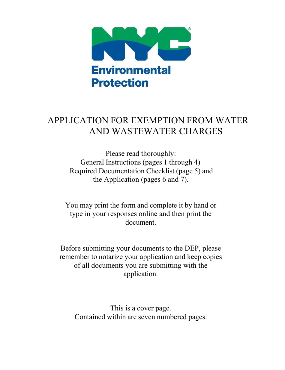 Application for Exemption From Water and Sewer Charges - New York City, Page 1