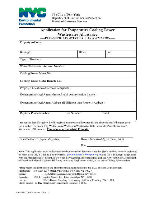 Form 950-0038 Application for Evaporative Cooling Tower Wastewater Allowance - New York City