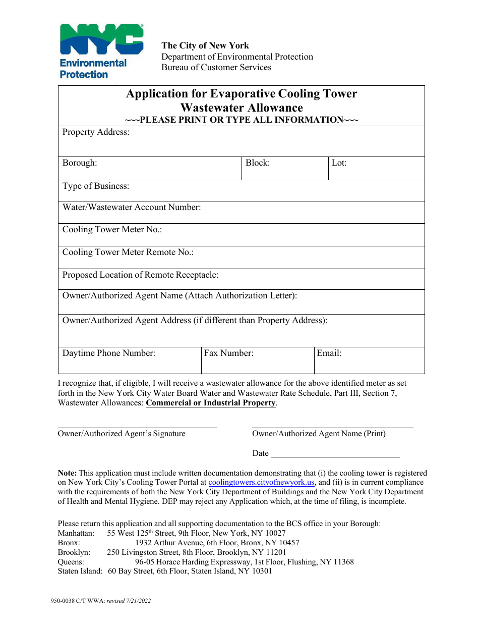 Form 950-0038 Application for Evaporative Cooling Tower Wastewater Allowance - New York City, Page 1