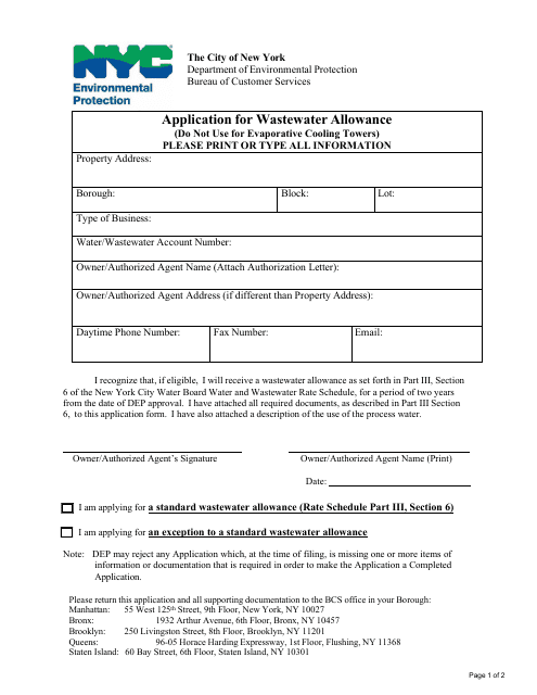 Application for Wastewater Allowance (Not Cooling Towers) - New York City Download Pdf