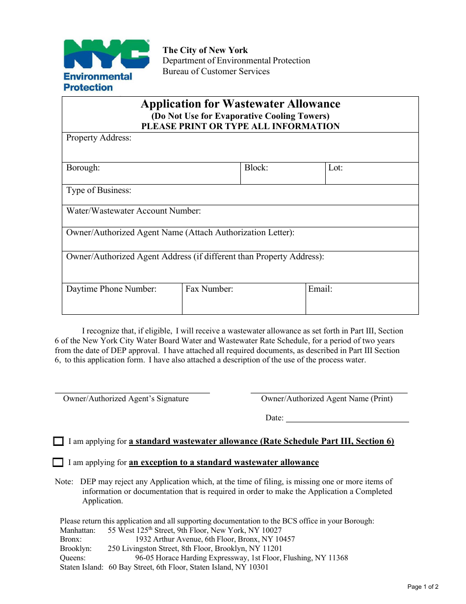 Application for Wastewater Allowance (Not Cooling Towers) - New York City, Page 1