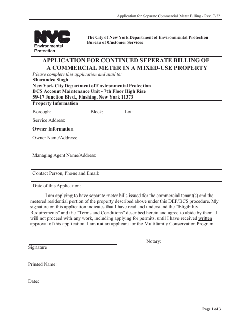Application for Continued Separate Billing of a Commercial Meter in a Mixed-Use Property - New York City