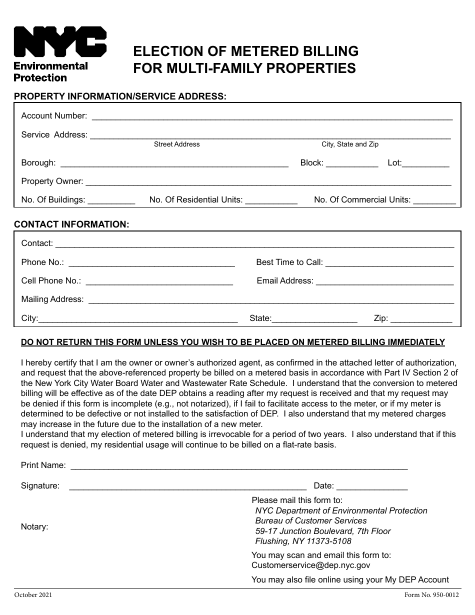 Form 950-0012 Election of Metered Billing for Multi-Family Properties - New York City, Page 1
