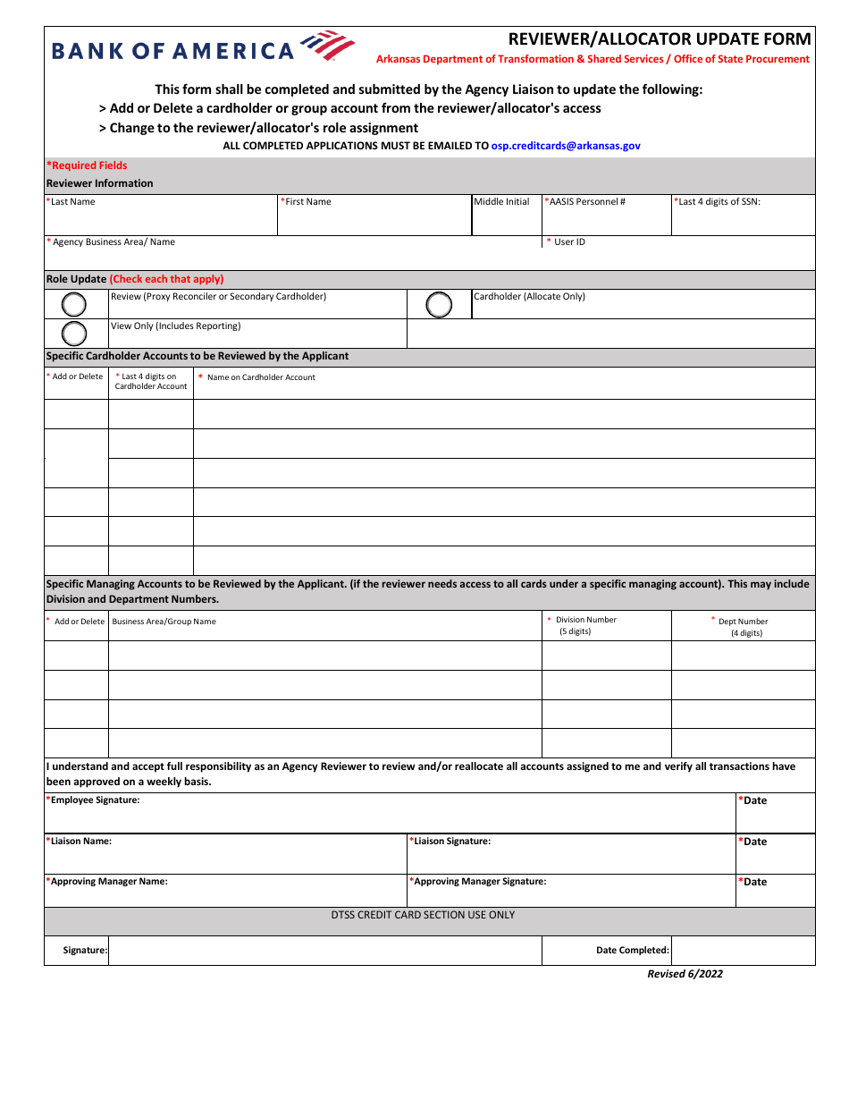 Arkansas Reviewer/Allocator Update Form - Bank of America Download ...