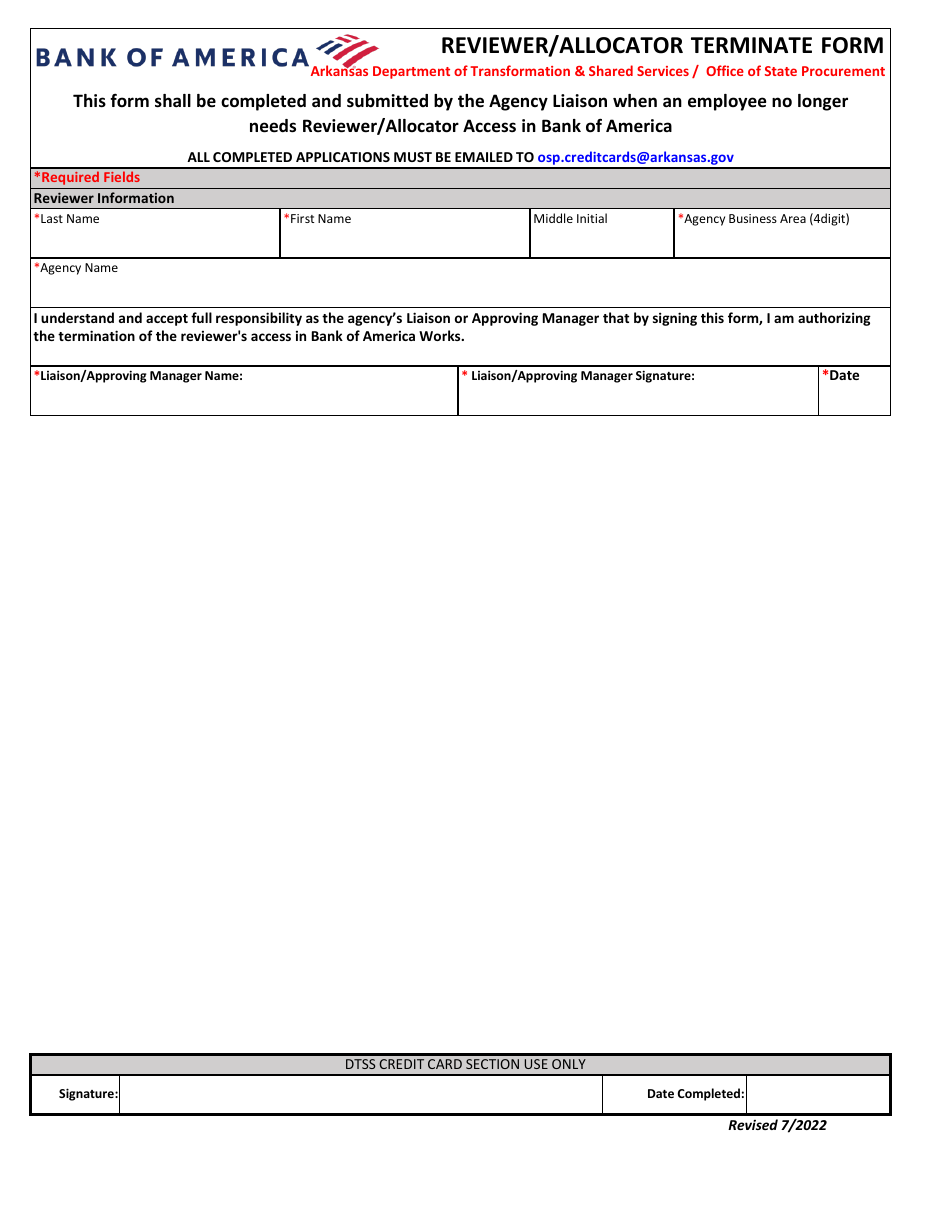 Reviewer / Allocator Terminate Form - Bank of America - Arkansas, Page 1