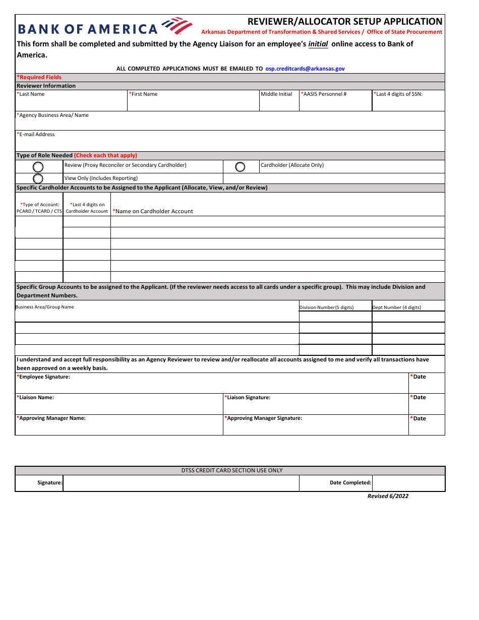 Reviewer / Allocator Setup Application - Bank of America - Arkansas, Page 1