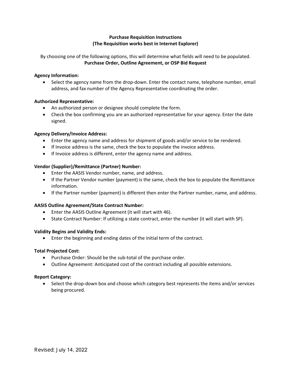 Instructions for Service Bureau Purchase Requisition Form - Arkansas, Page 1