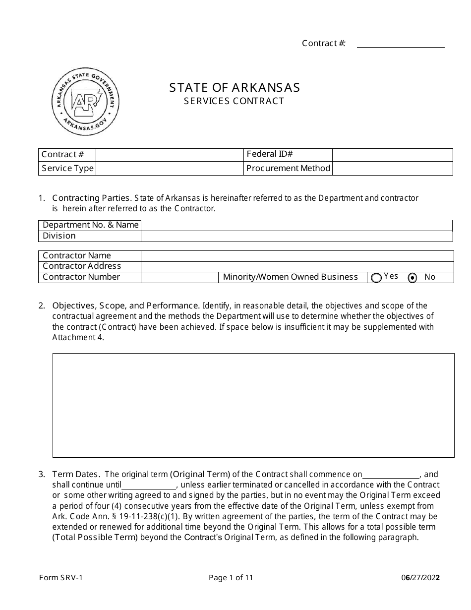 Form SRV-1 Services Contract - Arkansas, Page 1