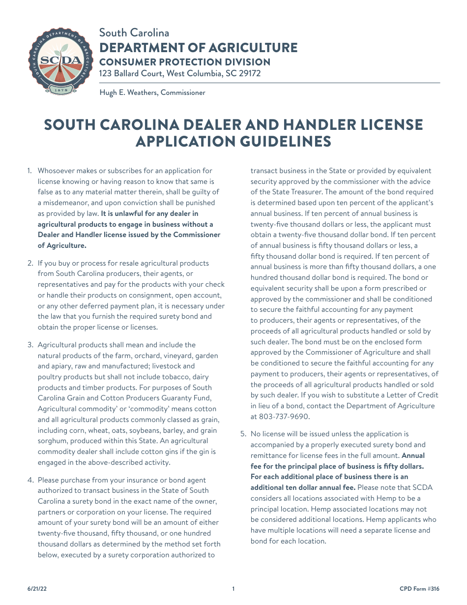 CPD Form 316 South Carolina Dealer and Handler License Application - South Carolina, Page 1