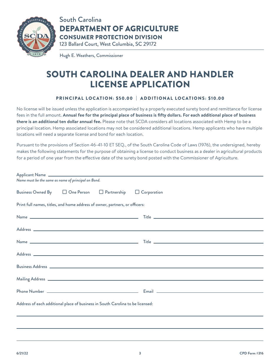 CPD Form 316 South Carolina Dealer and Handler License Application - South Carolina, Page 3
