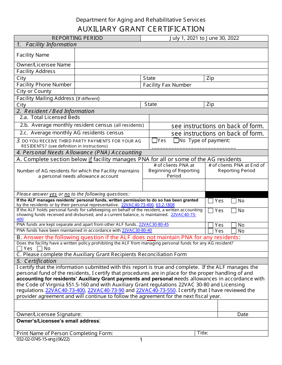 Form 032-02-0745-15-ENG Auxiliary Grant Certification - Virginia, Page 1