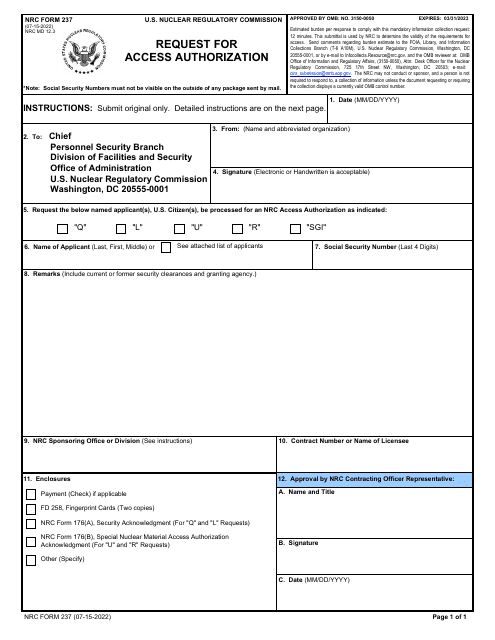 NRC Form 237  Printable Pdf