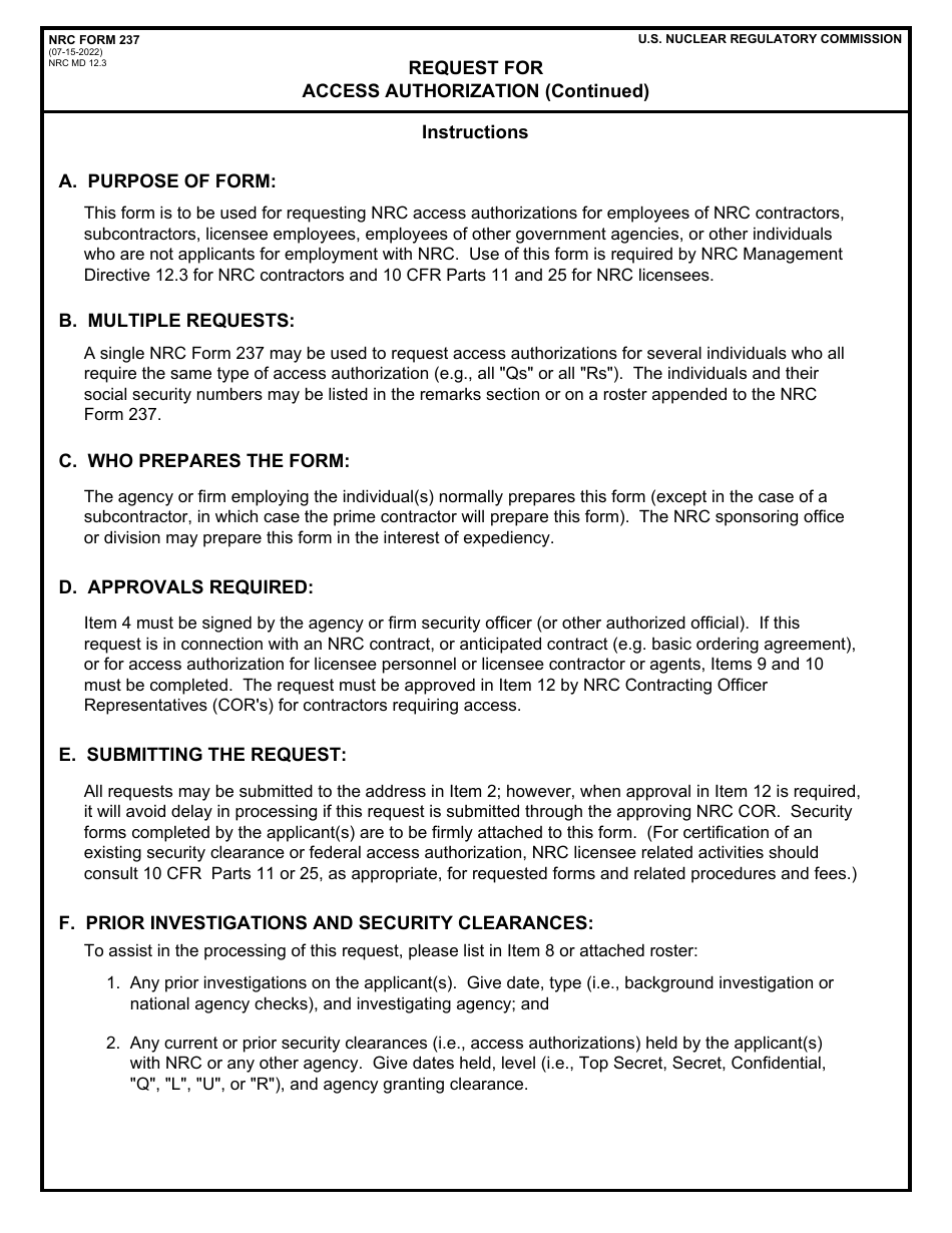 NRC Form 237 Request for Access Authorization, Page 2