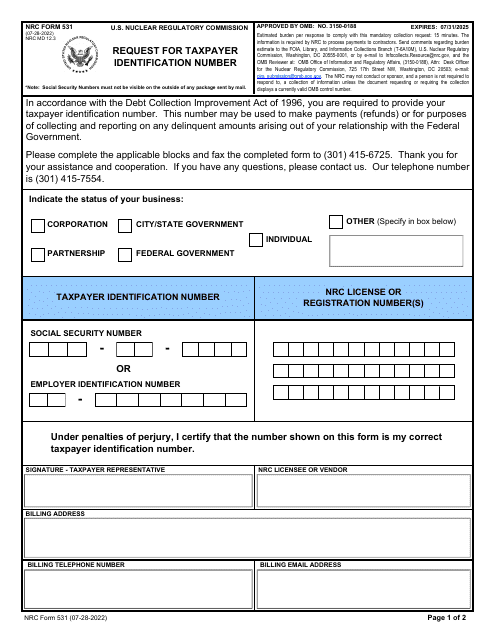NRC Form 531 Request for Taxpayer Identification Number