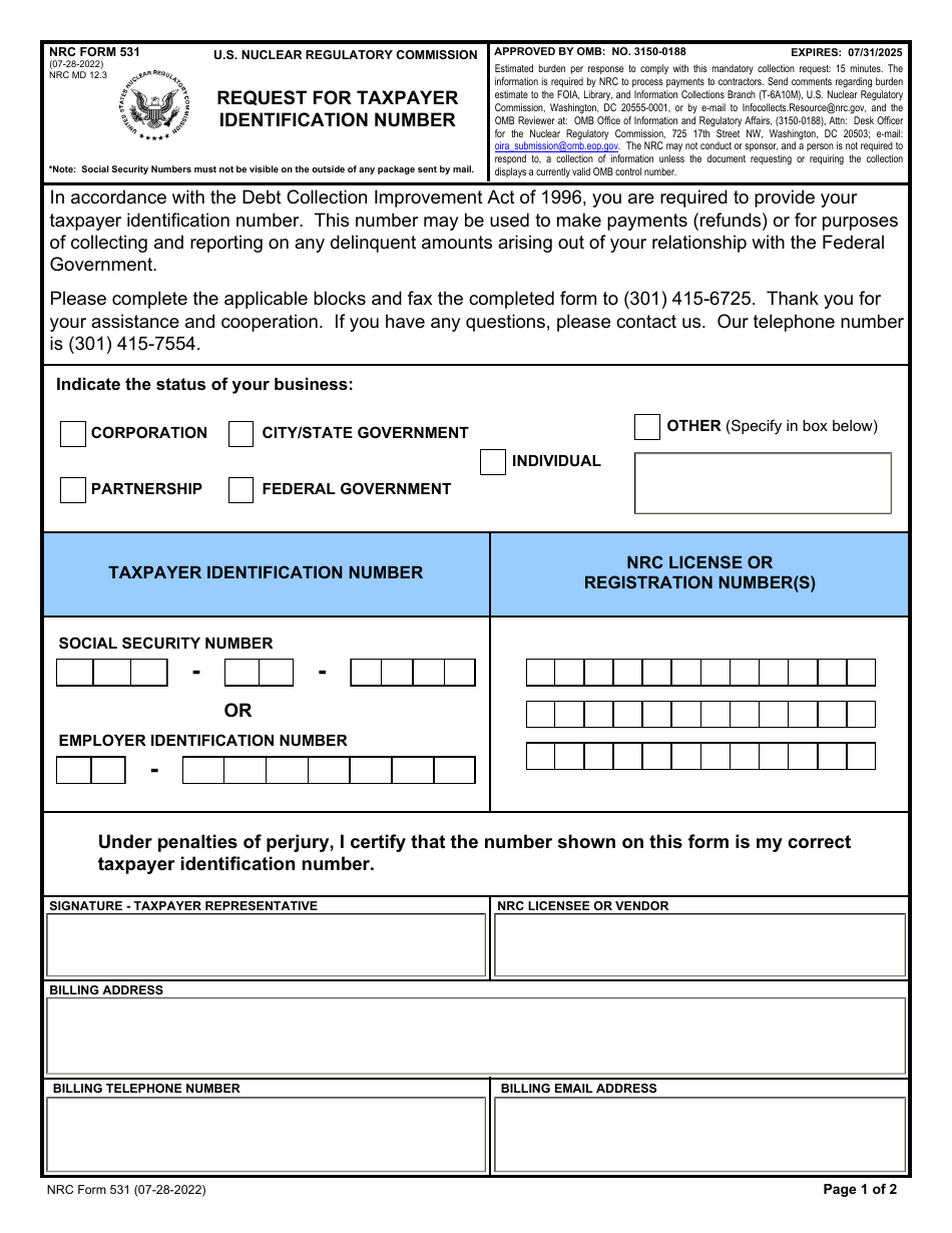 NRC Form 531 Request for Taxpayer Identification Number, Page 1