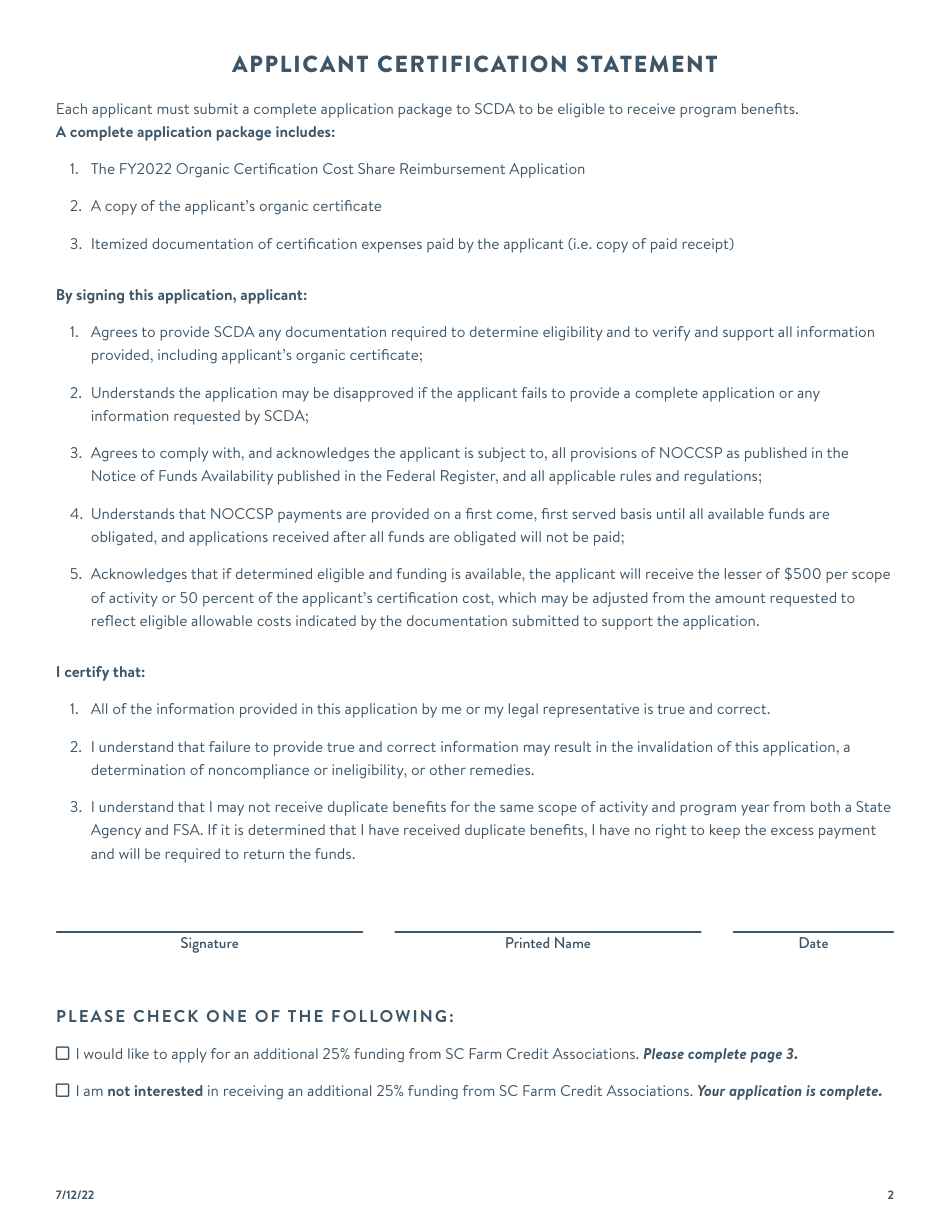 Organic Certification Cost Share Reimbursement Application - South Carolina, Page 2