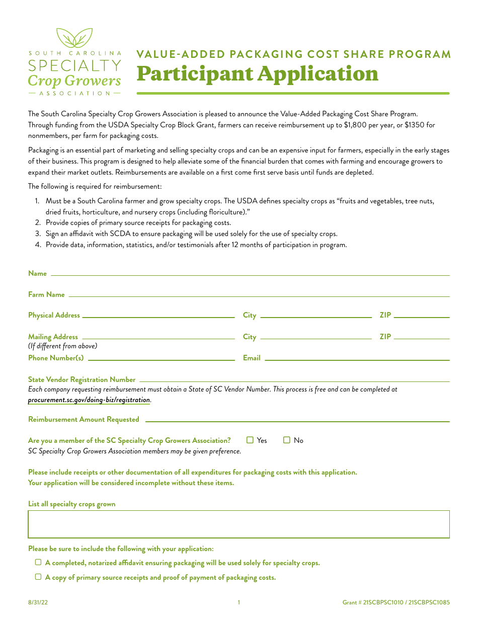 Participant Application - Value-Added Packaging Cost Share Program - South Carolina, Page 1