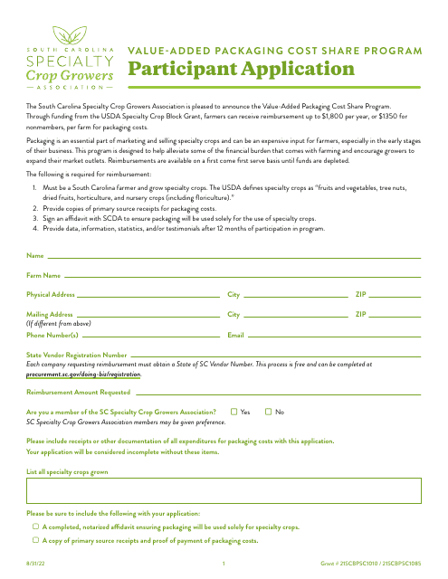 Participant Application - Value-Added Packaging Cost Share Program - South Carolina