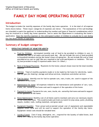 Document preview: Family Day Home Operating Budget - Virginia