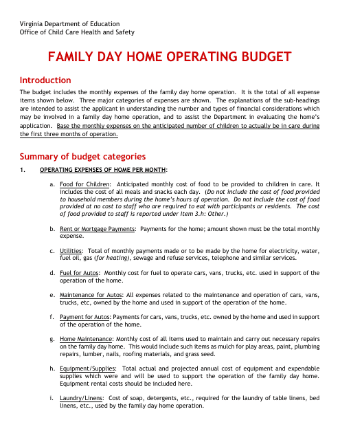 Family Day Home Operating Budget - Virginia Download Pdf