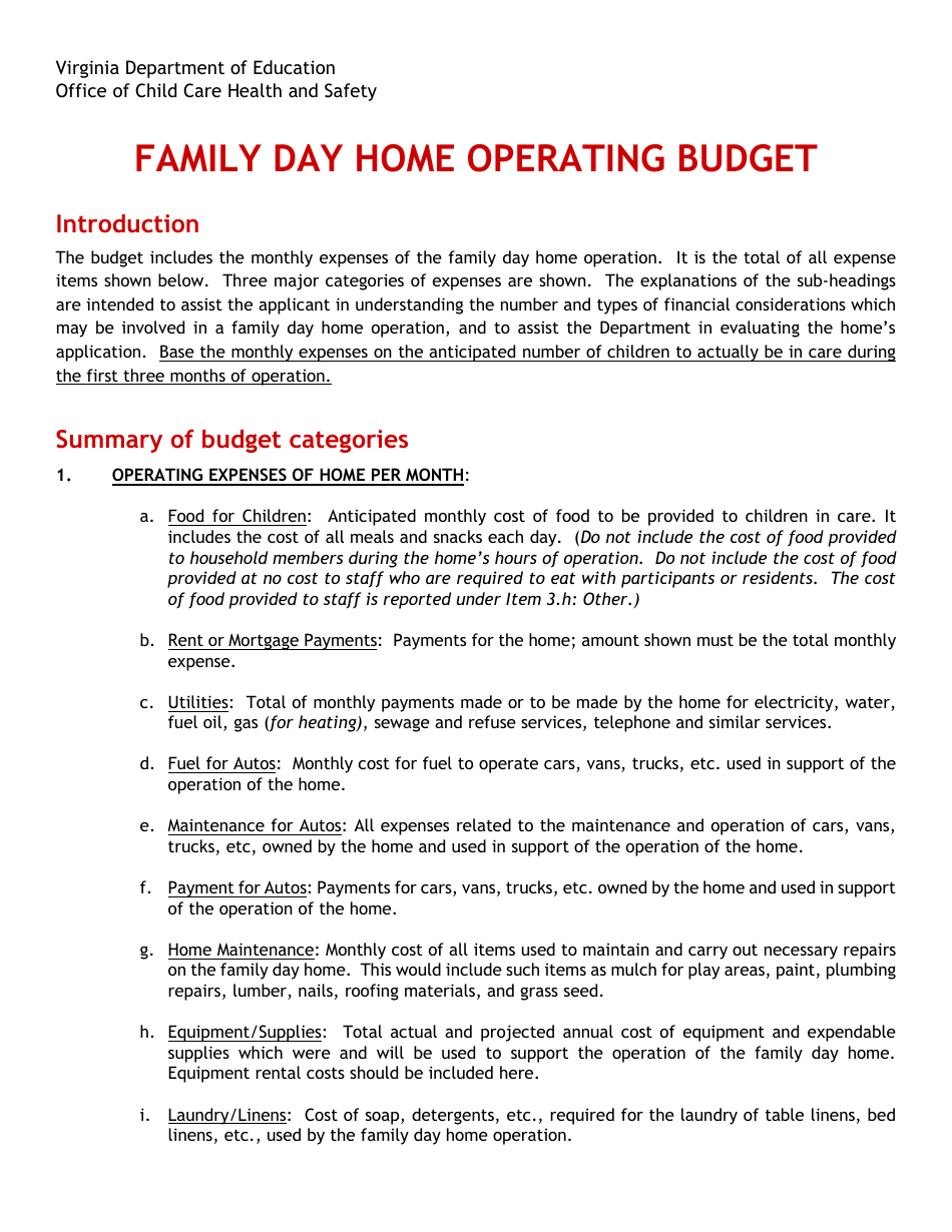 Family Day Home Operating Budget - Virginia, Page 1