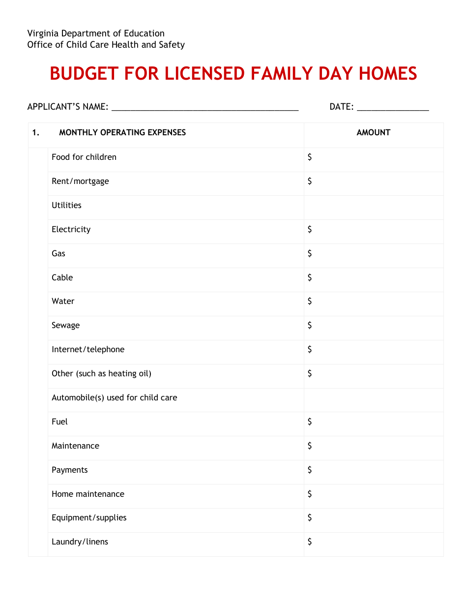 Family Day Home Operating Budget - Virginia, Page 4