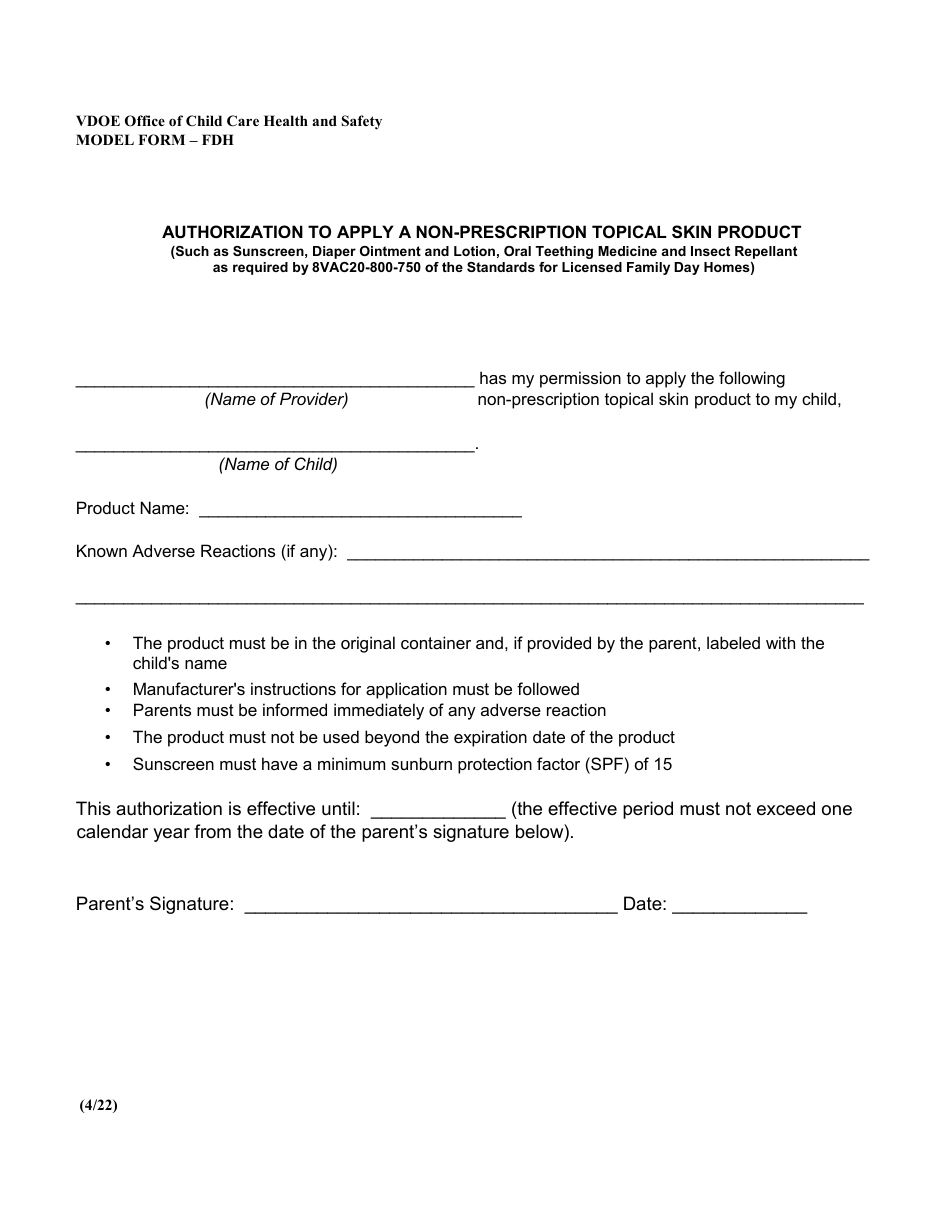 Authorization to Apply a Non-prescription Topical Skin Product - Virginia, Page 1