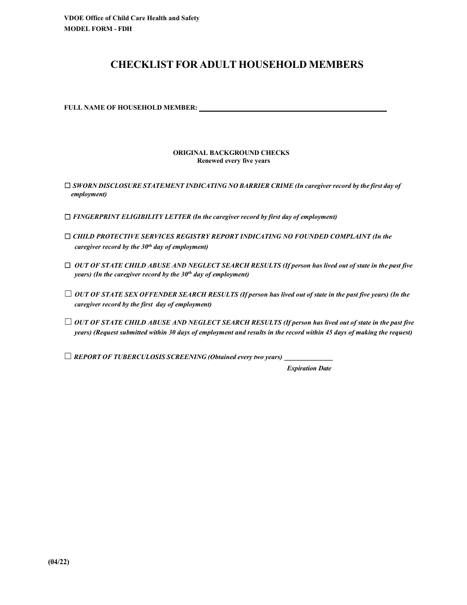 Checklist for Adult Household Members - Virginia, Page 1