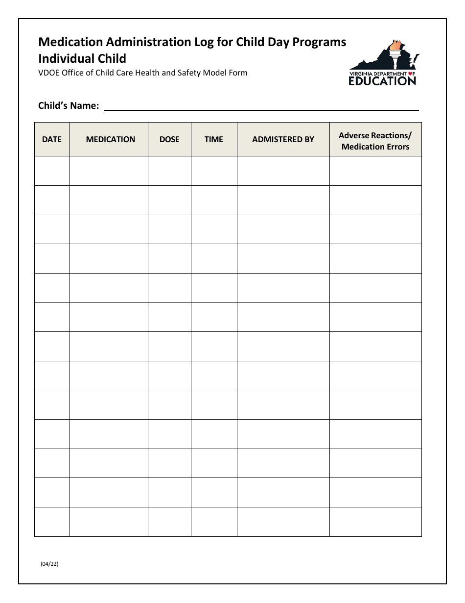 Medication Administration Log for Child Day Programs - Individual Child - Virginia, Page 1