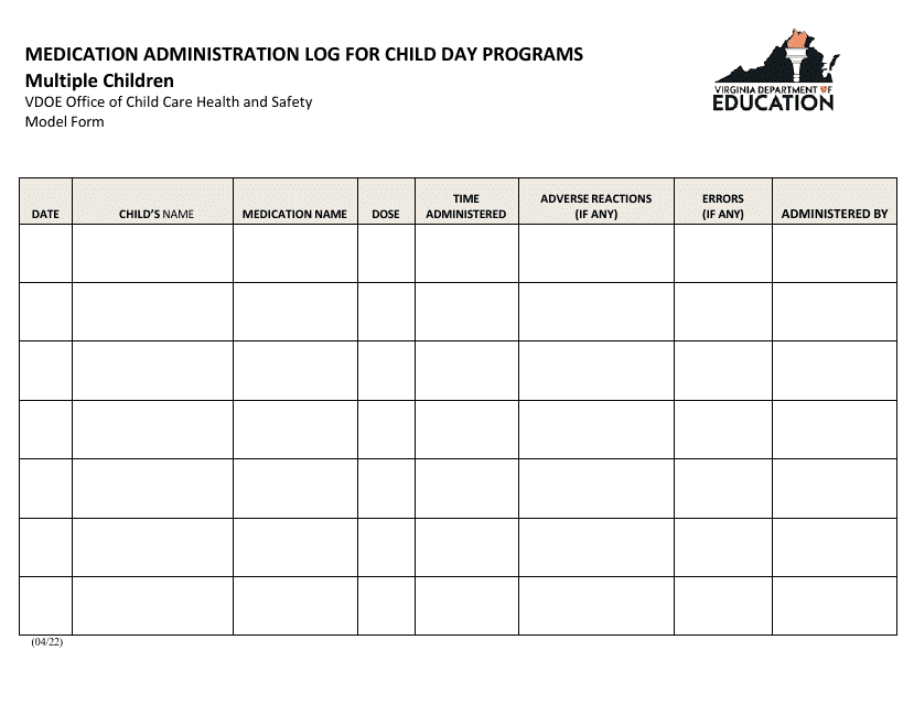 Medication Administration Log for Child Day Programs - Multiple Children - Virginia