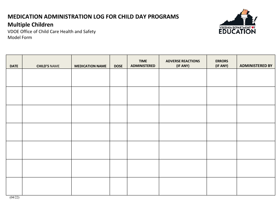 Medication Administration Log for Child Day Programs - Multiple Children - Virginia, Page 1