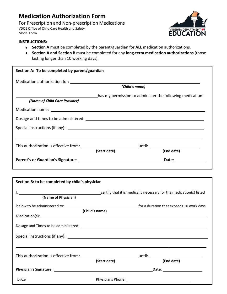 Medication Authorization Form for Prescription and Non-prescription Medications - Virginia, Page 1