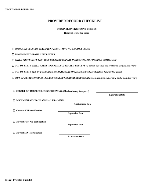 Provider Record Checklist - Virginia Download Pdf