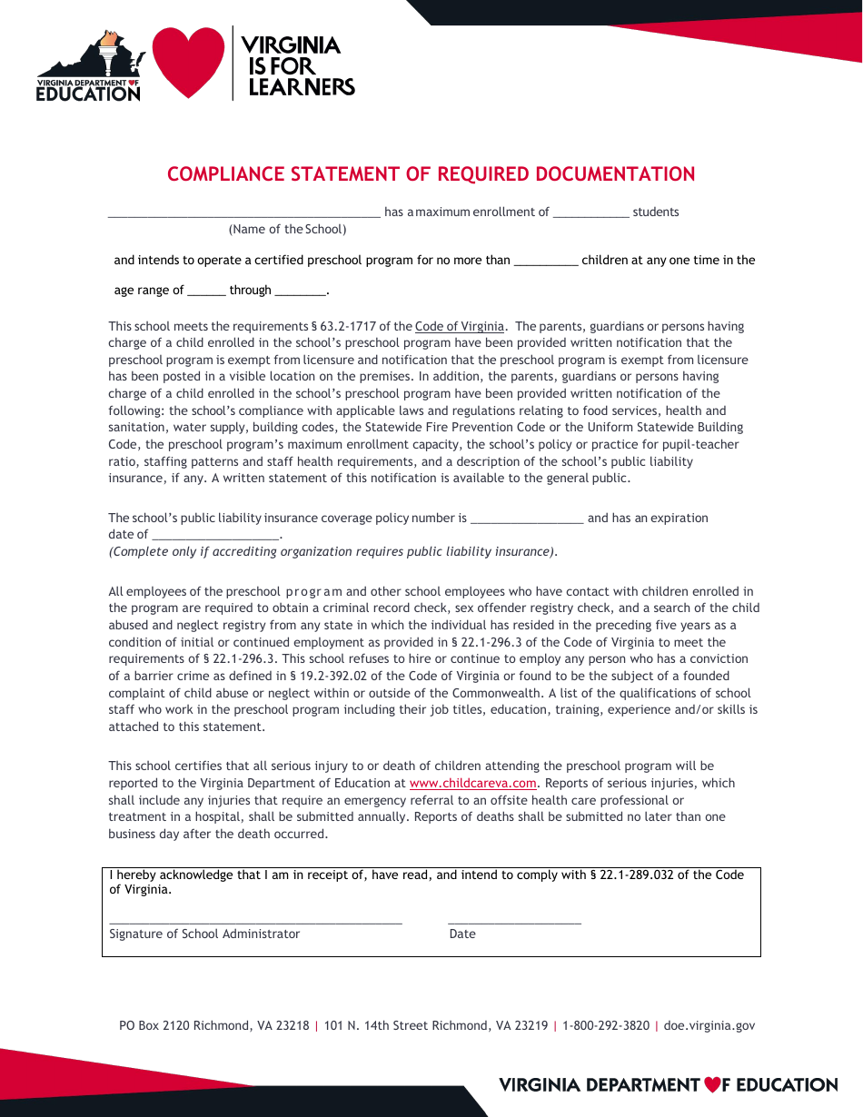 Compliance Statement of Required Documentation - Virginia, Page 1