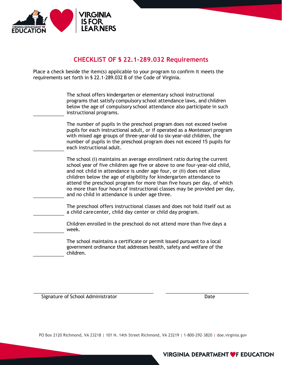 Checklist of Section 22.1-289.032 Requirements - Virginia, Page 1
