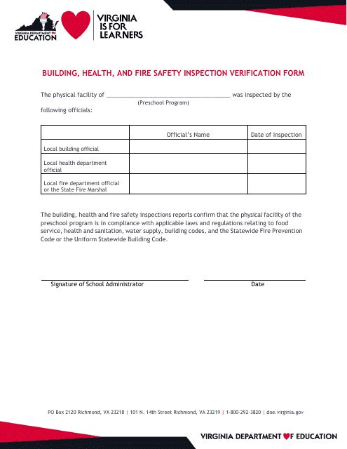 Building, Health, and Fire Safety Inspection Verification Form - Virginia Download Pdf