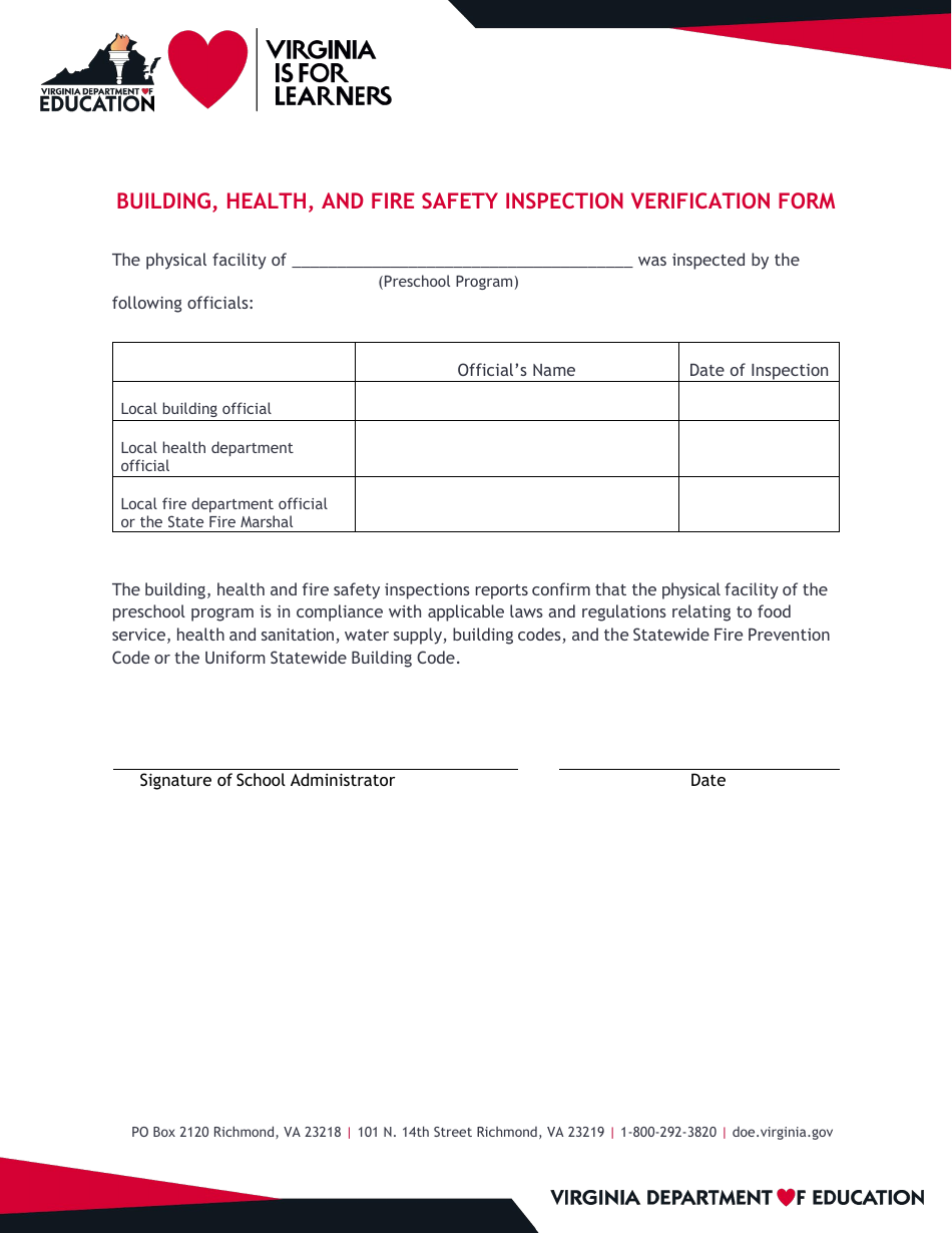 Virginia Building, Health, and Fire Safety Inspection Verification Form