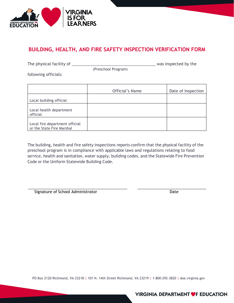 Building, Health, and Fire Safety Inspection Verification Form - Virginia, Page 1