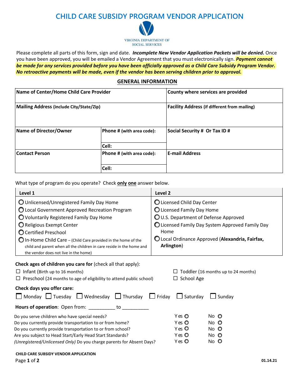 Child Care Subsidy Program Vendor Application - Virginia, Page 1