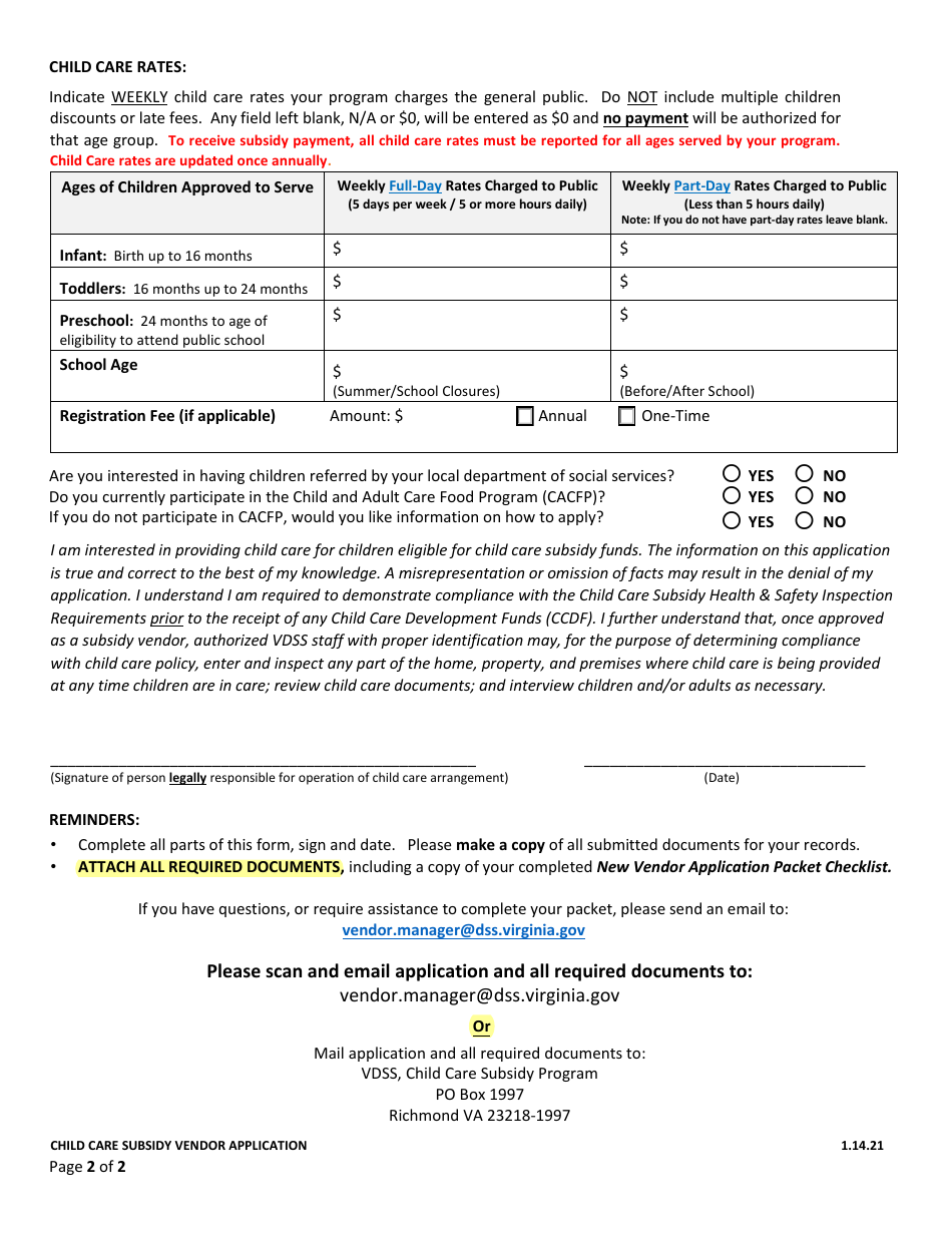 Child Care Subsidy Program Vendor Application - Virginia, Page 2