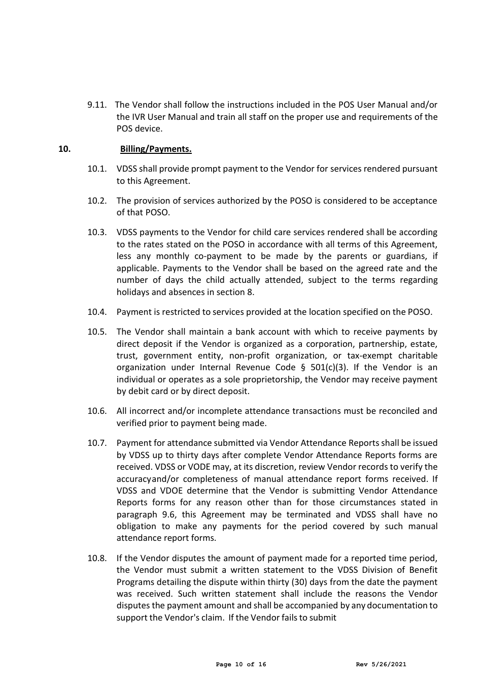 Child Care Center Vendor Agreement - Child Care Subsidy Program - Virginia, Page 10