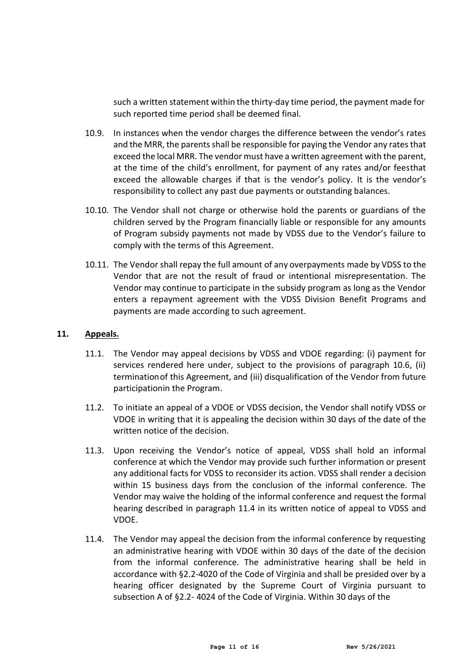 Child Care Center Vendor Agreement - Child Care Subsidy Program - Virginia, Page 11