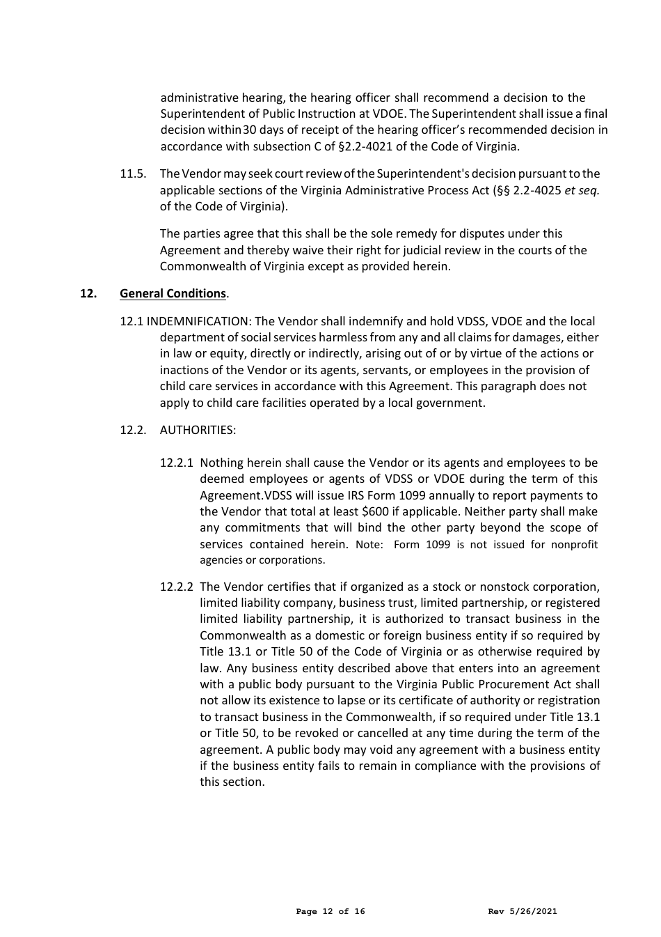 Child Care Center Vendor Agreement - Child Care Subsidy Program - Virginia, Page 12