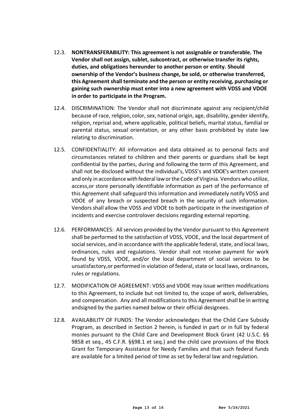 Child Care Center Vendor Agreement - Child Care Subsidy Program - Virginia, Page 13