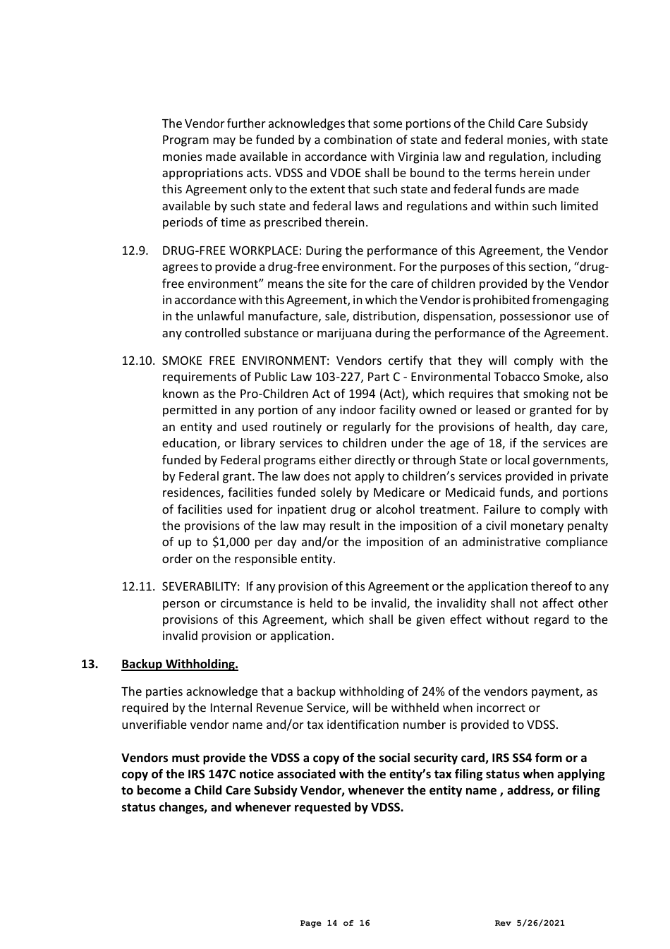 Child Care Center Vendor Agreement - Child Care Subsidy Program - Virginia, Page 14