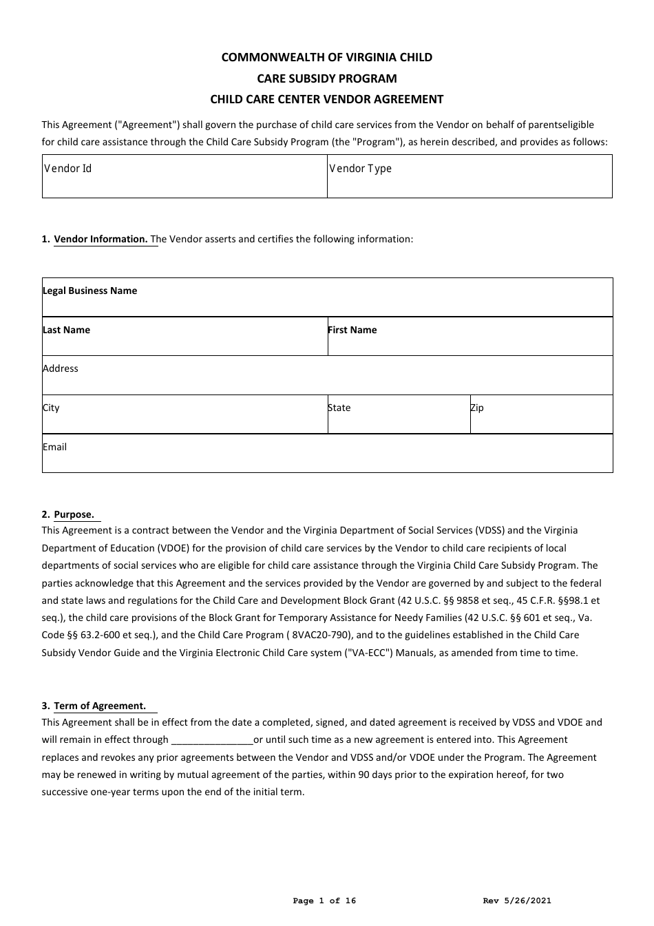 Child Care Center Vendor Agreement - Child Care Subsidy Program - Virginia, Page 1