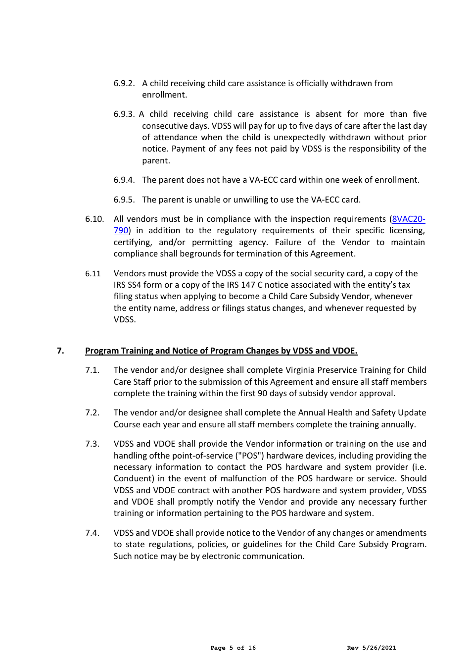 Child Care Center Vendor Agreement - Child Care Subsidy Program - Virginia, Page 5