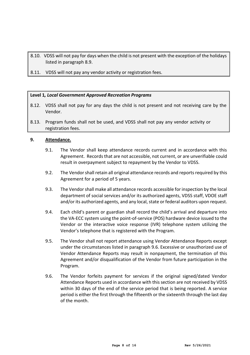 Child Care Center Vendor Agreement - Child Care Subsidy Program - Virginia, Page 8