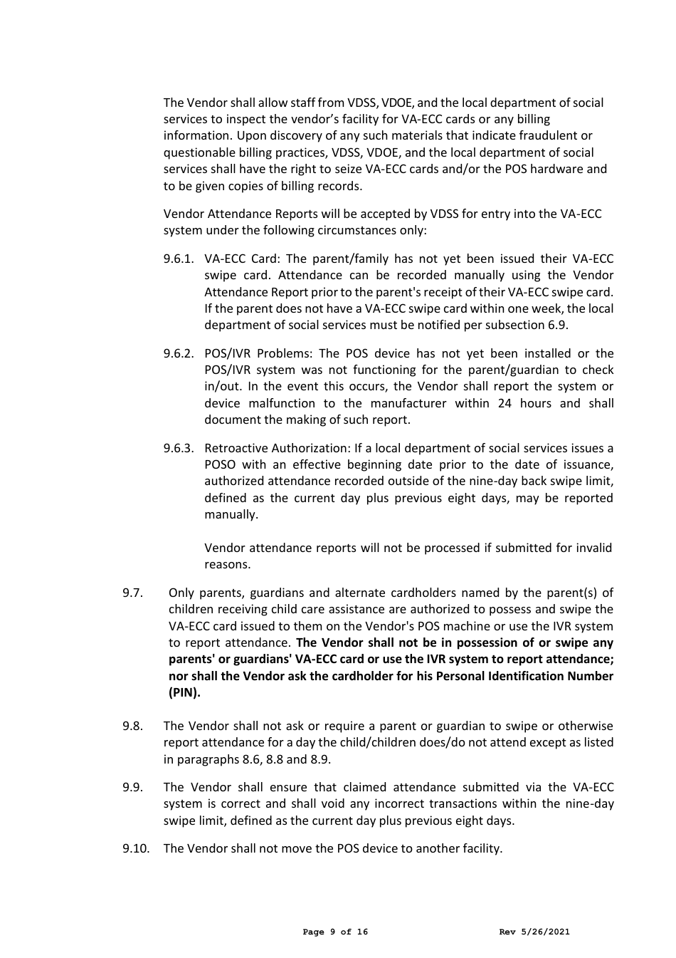 Child Care Center Vendor Agreement - Child Care Subsidy Program - Virginia, Page 9